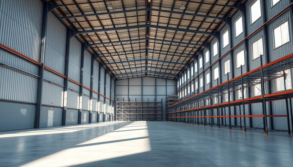 A large, modern metal-framed warehouse with a sleek, minimalist design. The structure's exterior is composed of corrugated metal panels in a neutral gray tone, casting long shadows across the ground. The interior is filled with natural light streaming through tall, rectangular windows along the sides. Rows of metal shelving units occupy the expansive space, creating a sense of order and efficiency. The floor is a smooth, polished concrete surface. The overall atmosphere conveys a sense of functionality, practicality, and industrial sophistication. A large, modern metal-framed warehouse with a sleek, minimalist design. The structure's exterior is composed of corrugated metal panels in a neutral gray tone, casting long shadows across the ground. The interior is filled with natural light streaming through tall, rectangular windows along the sides. Rows of metal shelving units occupy the expansive space, creating a sense of order and efficiency. The floor is a smooth, polished concrete surface. The overall atmosphere conveys a sense of functionality, practicality, and industrial sophistication.