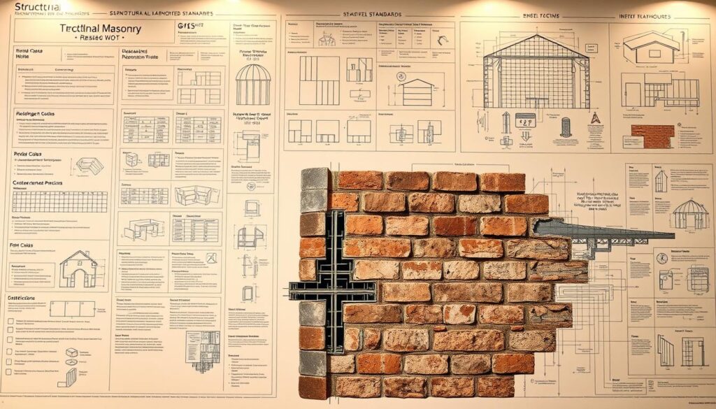 A large-scale architectural diagram depicting the technical standards and essential considerations for structural masonry construction. The foreground showcases a detailed cross-section of a masonry wall, highlighting the intricate interplay of bricks, mortar, and reinforcements. The middle ground features technical illustrations outlining building code requirements, design specifications, and construction best practices. The background depicts an array of technical drawings, schematics, and engineering calculations, all bathed in a warm, inviting lighting that conveys the professionalism and expertise required for a well-executed structural masonry project. The overall tone is one of authoritative technical expertise, guiding the viewer through the critical nuances of this specialized field of construction.