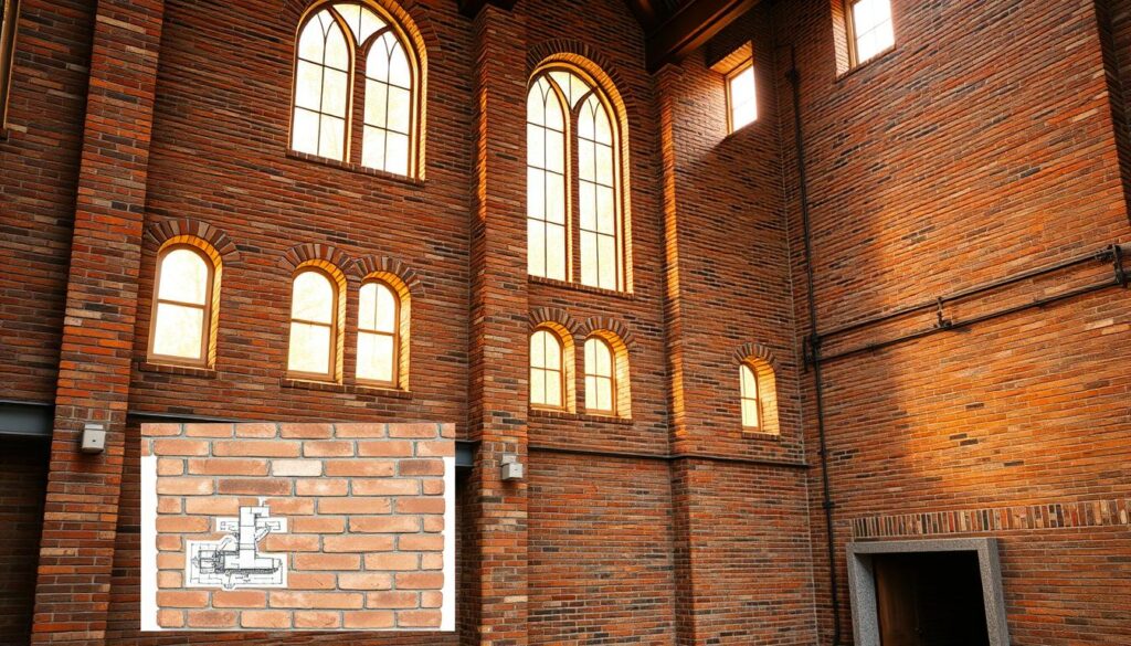 A large-scale structural masonry building with intricate patterns of interlocking bricks, showcasing the impressive load-bearing capacity and cost-effectiveness of structural masonry construction. The building is bathed in warm, natural light filtering through tall, arched windows, highlighting the textural beauty of the exposed brick walls. The middle ground features a detail shot of the meticulous brick laying, emphasizing the skilled craftsmanship involved. In the background, a blueprint or architectural drawing provides technical context, underscoring the careful planning and engineering required for a structurally sound, cost-optimized design. The overall scene conveys a sense of solidity, efficiency, and architectural elegance.