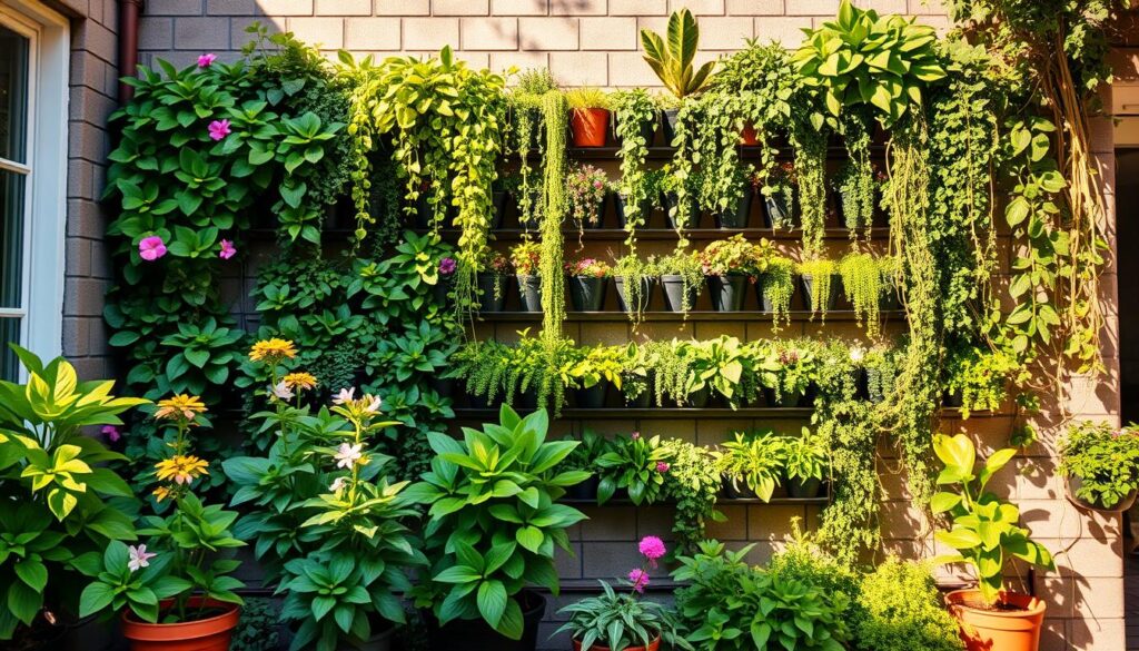 A lush, meticulously planned vertical garden cascading down a sun-dappled wall. In the foreground, an array of thriving potted plants, their vibrant foliage and blooms artfully arranged. The middle ground showcases a series of tiered shelves, each hosting a diverse selection of trailing vines, succulents, and leafy greens. In the background, the garden seamlessly integrates with the architectural elements, creating a harmonious, naturalistic composition. Warm, golden light filters through, casting gentle shadows and highlighting the textures and colors of the flourishing greenery. The overall scene evokes a sense of tranquility, balance, and a thoughtful approach to maximizing limited space for a bountiful, eye-catching vertical garden.