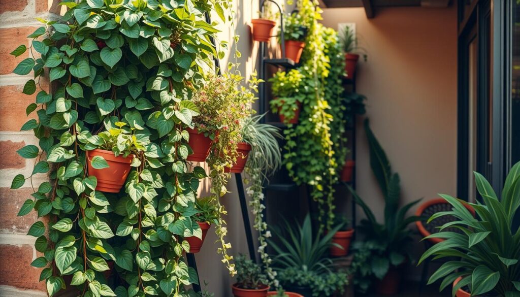 A lush, verdant vertical garden thriving in a compact urban space. The foreground features an arrangement of thriving potted plants cascading down a trellis or wall, showcasing a variety of leafy greens, flowering vines, and trailing succulents. The middle ground highlights the efficient use of vertical space, with carefully curated plant shelves or modular panels creating a layered, space-saving design. The background subtly suggests a cozy, sun-dappled nook or corner of a patio or balcony, hinting at the versatility of this gardening approach. Warm, soft lighting gently illuminates the scene, emphasizing the tranquil, nature-infused ambiance. The overall composition conveys the beauty, functionality, and space-saving advantages of a thriving vertical garden in a compact urban setting.