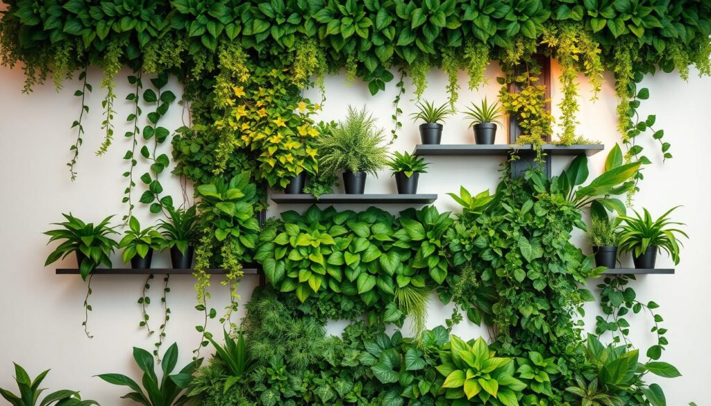 A lush, vertical garden concept showcasing a harmonious blend of verdant foliage cascading down a modern, minimalist wall. The foreground features an assortment of thriving plants, their leaves and vines artfully arranged to create a natural, three-dimensional tapestry. Warm, diffused lighting illuminates the scene, casting gentle shadows and highlighting the vibrant greens. In the middle ground, sleek, floating shelves provide additional space for potted plants, seamlessly integrating the greenery into the architectural design. The background is a clean, white wall, allowing the verdant display to take center stage and exude a sense of tranquility and urban renewal. This innovative jardim vertical conceito embodies the beauty and potential of incorporating nature into even the most compact living spaces.
