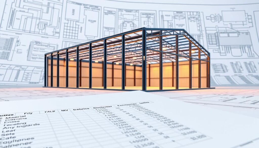 A meticulously detailed rendering of the cost analysis for a metal frame warehouse construction project. In the foreground, a spreadsheet with carefully calculated line items - materials, labor, equipment, and ancillary expenses. The middle ground showcases a 3D model of the warehouse structure, its sleek metal frame and panels illuminated by realistic lighting. In the background, a blueprint layout unfurls, providing technical specifications and dimensional data. The overall scene conveys a sense of analytical rigor, technical precision, and financial planning - all essential elements of the "Análise dos Custos Envolvidos na Construção" phase of the case study. A meticulously detailed rendering of the cost analysis for a metal frame warehouse construction project. In the foreground, a spreadsheet with carefully calculated line items - materials, labor, equipment, and ancillary expenses. The middle ground showcases a 3D model of the warehouse structure, its sleek metal frame and panels illuminated by realistic lighting. In the background, a blueprint layout unfurls, providing technical specifications and dimensional data. The overall scene conveys a sense of analytical rigor, technical precision, and financial planning - all essential elements of the "Análise dos Custos Envolvidos na Construção" phase of the case study.