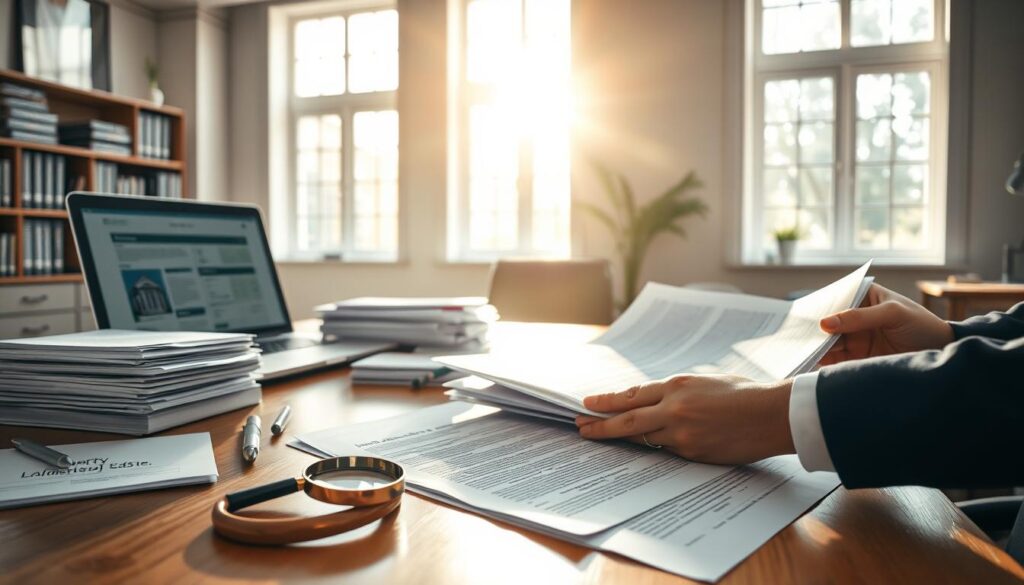 A meticulously organized office space, sunlight streaming through large windows, casting a warm glow on stacks of legal documents and a laptop displaying property records. A magnifying glass rests on a pristine wooden desk, hinting at the careful inspection of every detail. In the foreground, a pair of hands carefully reviews a folder filled with paperwork, examining the legality and compliance of the property's documentation. The atmosphere conveys a sense of diligence, attention to detail, and the importance of thorough due diligence before a real estate transaction.