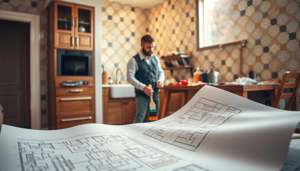A meticulously planned kitchen or bathroom renovation, with carefully curated tile patterns adorning the walls. In the foreground, an architect's blueprint unfurls, showcasing a detailed floor plan and color-coded tile layouts. In the middle ground, a skilled artisan contemplates the design, brush in hand, ready to meticulously apply the tiles with precision. In the background, a well-organized workstation with tools and materials, reflecting the importance of thorough preparation. Warm, natural lighting illuminates the scene, conveying a sense of professionalism and expertise. The overall atmosphere emphasizes the significance of thoughtful planning in achieving a successful tile installation project.