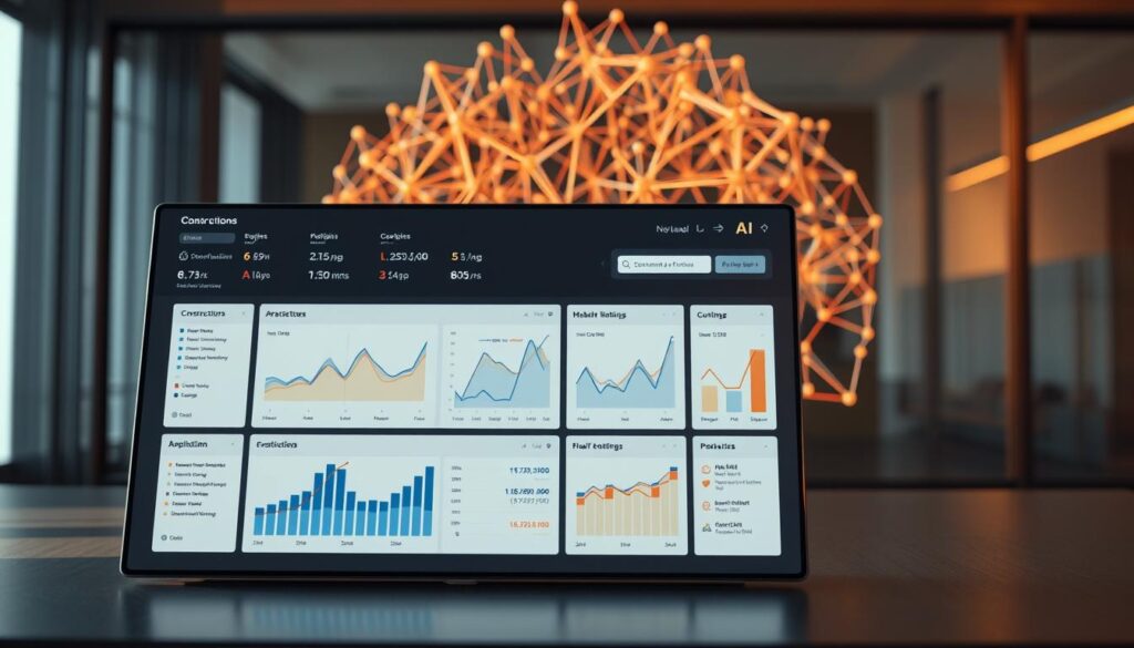 A modern and sleek data analytics dashboard, featuring a range of visualizations and metrics monitoring the performance of an AI system. The dashboard occupies the central foreground, showcased with a clean, minimalist design and intuitive user interface. In the background, a 3D rendering of a complex neural network architecture provides contextual depth, hinting at the sophisticated technological underpinnings powering the AI monitoring tools. The scene is illuminated by a warm, natural lighting, creating a sense of sophistication and professionalism, suitable for a high-level technical article on leveraging AI for construction and architecture. A modern and sleek data analytics dashboard, featuring a range of visualizations and metrics monitoring the performance of an AI system. The dashboard occupies the central foreground, showcased with a clean, minimalist design and intuitive user interface. In the background, a 3D rendering of a complex neural network architecture provides contextual depth, hinting at the sophisticated technological underpinnings powering the AI monitoring tools. The scene is illuminated by a warm, natural lighting, creating a sense of sophistication and professionalism, suitable for a high-level technical article on leveraging AI for construction and architecture.