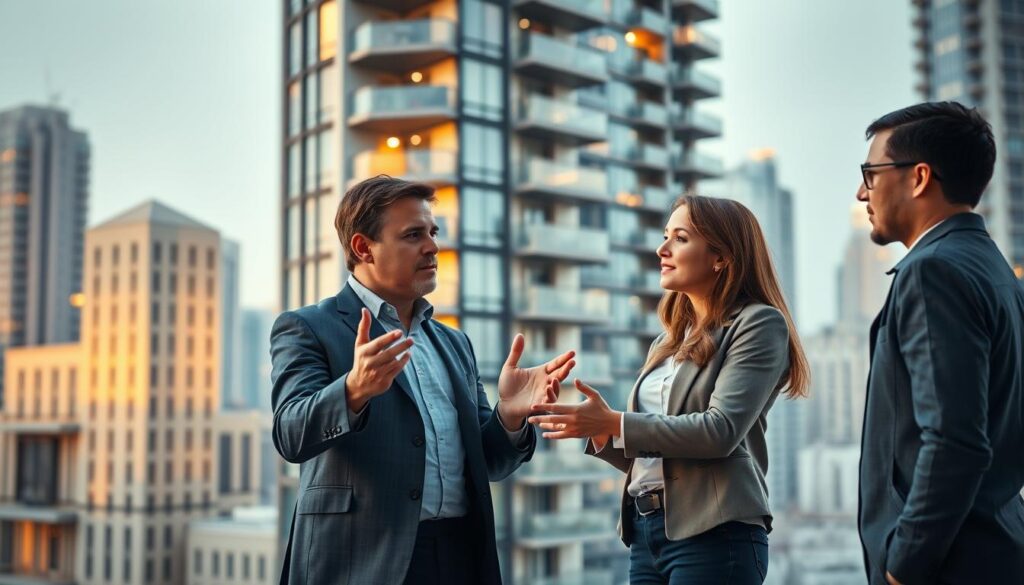 A modern apartment building with clean lines and large windows, set against a cityscape backdrop of skyscrapers and towering office blocks. The foreground features a real estate agent gesturing to an attentive couple, engaged in an in-depth discussion about the property's features. Soft, warm lighting illuminates the scene, creating a sense of professionalism and trust. The middle ground showcases the building's exterior, with architectural details like balconies and facade materials carefully observed. In the background, the bustling city skyline sets the tone for the importance of a thorough pre-purchase property inspection. The overall mood conveys the gravity of making a significant real estate investment and the value of a meticulous walkthrough.