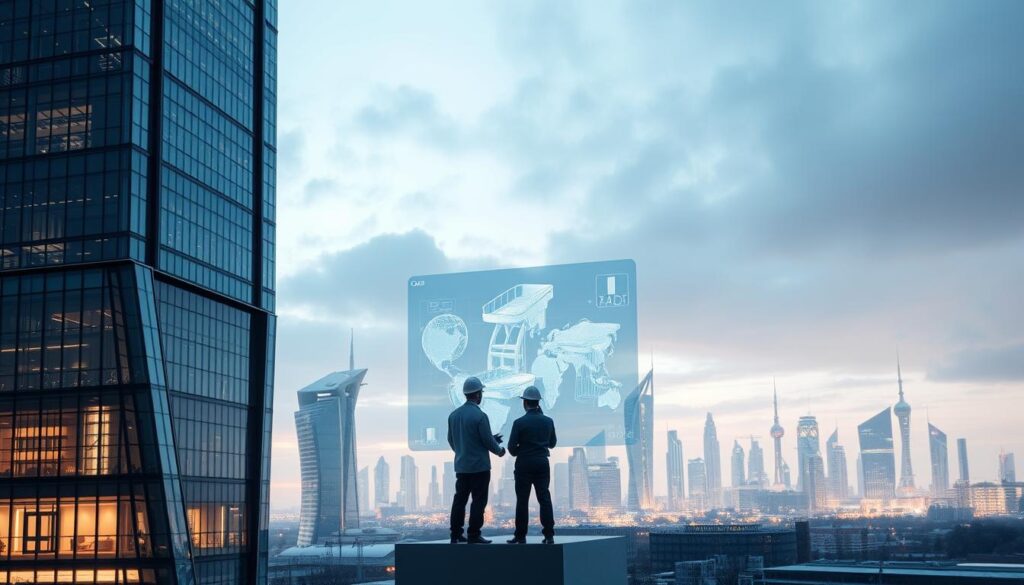 A modern architectural landscape, showcasing the evolution of CAD in engineering and design. In the foreground, a sleek, glass-and-steel high-rise building, its angular lines and precise geometry reflecting the power of CAD software. In the middle ground, a team of architects and engineers collaborating on a holographic display, immersed in a dynamic 3D model. The background features a cityscape of futuristic structures, each one a testament to the transformative impact of CAD on the built environment. Soft, diffused lighting illuminates the scene, creating a sense of technological elegance and progress. The overall atmosphere conveys the seamless integration of CAD into the day-to-day practice of engineering and architecture, shaping the future of the built world. A modern architectural landscape, showcasing the evolution of CAD in engineering and design. In the foreground, a sleek, glass-and-steel high-rise building, its angular lines and precise geometry reflecting the power of CAD software. In the middle ground, a team of architects and engineers collaborating on a holographic display, immersed in a dynamic 3D model. The background features a cityscape of futuristic structures, each one a testament to the transformative impact of CAD on the built environment. Soft, diffused lighting illuminates the scene, creating a sense of technological elegance and progress. The overall atmosphere conveys the seamless integration of CAD into the day-to-day practice of engineering and architecture, shaping the future of the built world.