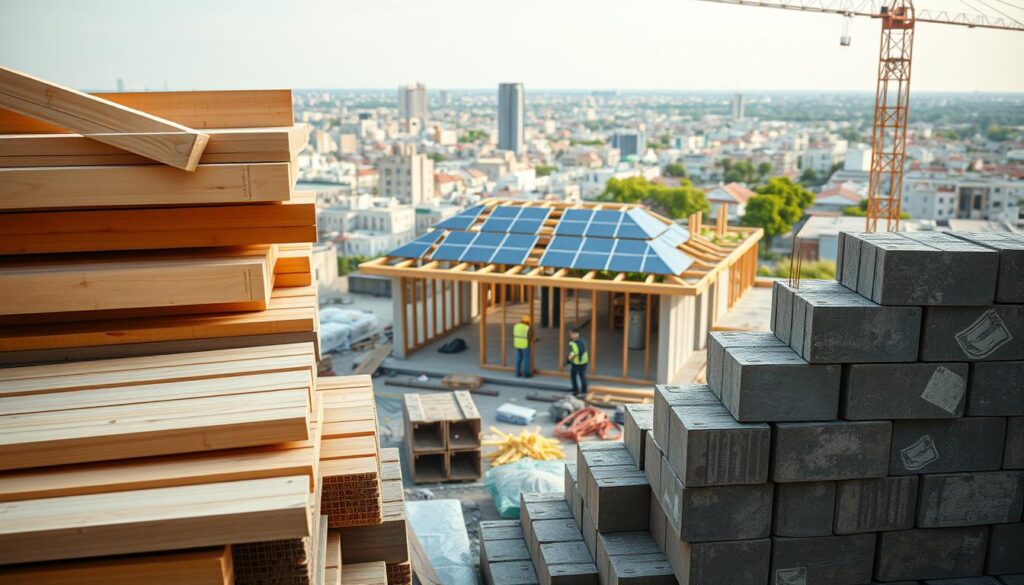 A modern construction site featuring sustainable building materials and innovative construction techniques. In the foreground, wooden beams, bamboo panels, and recycled plastic bricks are stacked neatly. In the middle ground, workers are assembling an energy-efficient structure with solar panels on the roof. In the background, a cityscape with green roofs and urban gardens. The scene is bathed in warm, natural lighting, conveying a sense of progress and environmental responsibility in the construction industry.