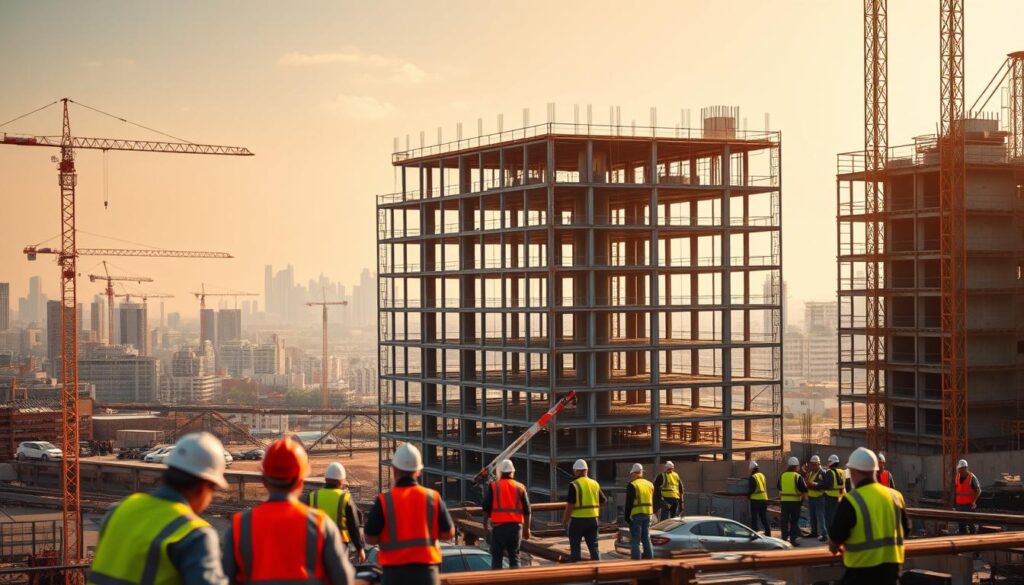 A modern construction site in the foreground, with workers in hard hats and high-visibility vests diligently carrying out their tasks. In the middle ground, a partially completed multi-story building rises, its steel framework and concrete structures taking shape. The background features a blurred urban landscape, with cranes and other heavy machinery dotting the skyline, conveying a sense of progress and development. The overall scene is bathed in warm, golden light, creating a vibrant and productive atmosphere, reflecting the challenges and excitement of the construction process.
