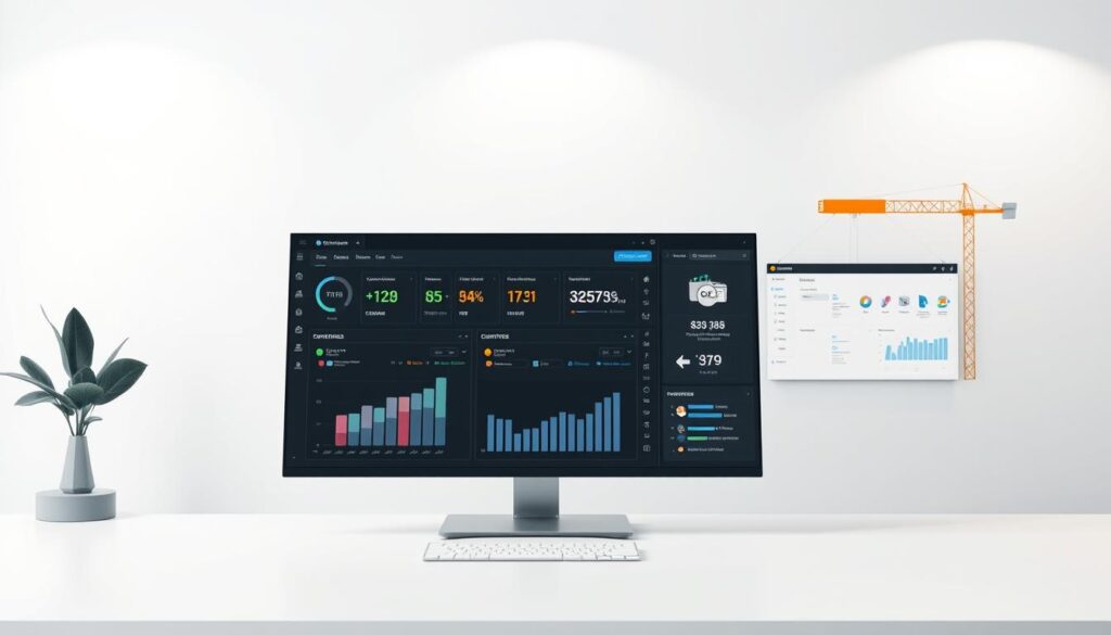 A modern, minimalist software management system interface, showcasing centralized data control and visualization. In the foreground, a sleek dashboard displays real-time analytics and key performance indicators, with intuitive data visualization tools. The middle ground features a clean, organized file management system, allowing seamless access to project files and documents. The background depicts a subtle, neutral color scheme with soft, even lighting, creating a professional, productivity-focused atmosphere. The overall design emphasizes simplicity, efficiency, and data-driven decision making, perfectly suited for monitoring small construction sites. A modern, minimalist software management system interface, showcasing centralized data control and visualization. In the foreground, a sleek dashboard displays real-time analytics and key performance indicators, with intuitive data visualization tools. The middle ground features a clean, organized file management system, allowing seamless access to project files and documents. The background depicts a subtle, neutral color scheme with soft, even lighting, creating a professional, productivity-focused atmosphere. The overall design emphasizes simplicity, efficiency, and data-driven decision making, perfectly suited for monitoring small construction sites.
