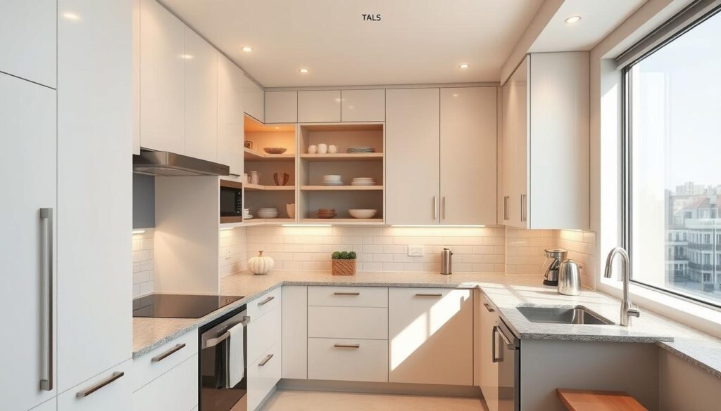 A modern, well-organized kitchen interior with ample storage solutions and clever spatial optimization. Sleek, minimalist cabinetry in a neutral palette lines the walls, creating a clean, streamlined aesthetic. Strategically placed shelves, drawers, and pull-out units maximize every inch of available space, ensuring an uncluttered and efficient workflow. Soft, diffused lighting from recessed fixtures and under-cabinet lighting casts a warm, inviting glow, complementing the polished granite countertops. Stainless steel appliances gleam against the backsplash of subway tiles, while a large window allows natural light to flood the room, creating a bright and airy ambiance. The overall design seamlessly blends form and function, showcasing how smart planning can transform a compact kitchen into a beautifully organized, highly functional space.