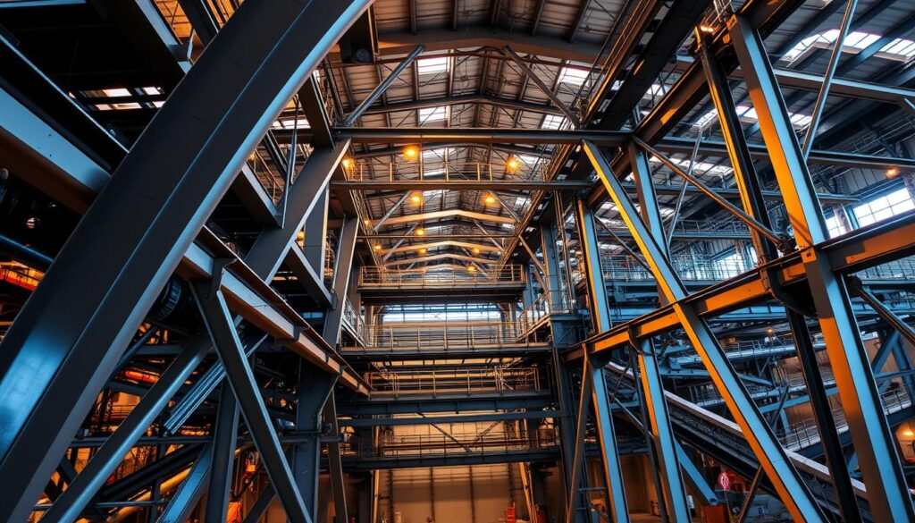 A panoramic view of a modern industrial facility, showcasing the intricate network of steel structures that form the backbone of the architecture. In the foreground, sleek metallic beams and columns intertwine, casting dramatic shadows and reflecting the warm glow of overhead lighting. The middle ground features a mix of muted grays and blues, with intricate steel connections and supports holding aloft a series of catwalks and platforms. In the background, the expansive space is filled with a sense of scale and depth, highlighting the sheer size and complexity of the metallic framework. The overall scene conveys a sense of strength, efficiency, and the elegant engineering principles that underpin the design of these sturdy, versatile structures.