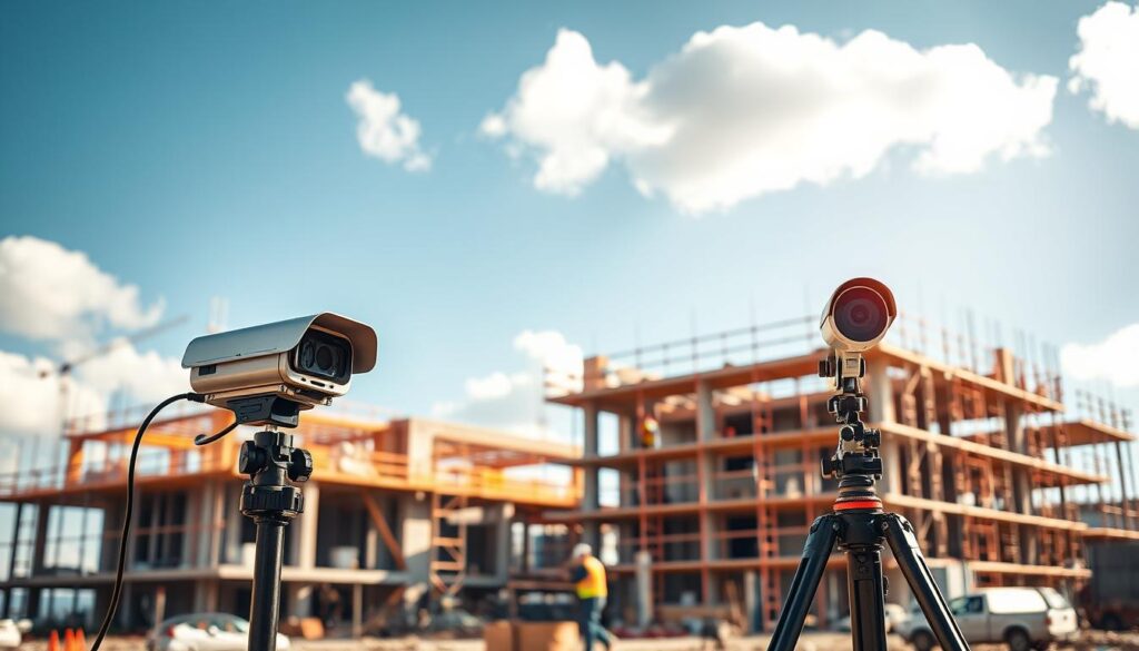 A practical construction site monitoring setup on a sunny day. In the foreground, a sleek monitoring device with multiple high-resolution cameras mounted on a sturdy tripod, capturing a comprehensive view of the work area. In the middle ground, construction workers diligently carrying out their tasks, surrounded by the scaffolding and materials of an active building project. The background features a partially completed structure, its geometric lines and textures contrasting with the blue sky dotted with fluffy white clouds. The scene is bathed in warm, diffused lighting, creating a sense of efficiency and progress. The overall atmosphere conveys the idea of technology seamlessly integrating with on-site construction activities to enable effective monitoring and oversight. A practical construction site monitoring setup on a sunny day. In the foreground, a sleek monitoring device with multiple high-resolution cameras mounted on a sturdy tripod, capturing a comprehensive view of the work area. In the middle ground, construction workers diligently carrying out their tasks, surrounded by the scaffolding and materials of an active building project. The background features a partially completed structure, its geometric lines and textures contrasting with the blue sky dotted with fluffy white clouds. The scene is bathed in warm, diffused lighting, creating a sense of efficiency and progress. The overall atmosphere conveys the idea of technology seamlessly integrating with on-site construction activities to enable effective monitoring and oversight.
