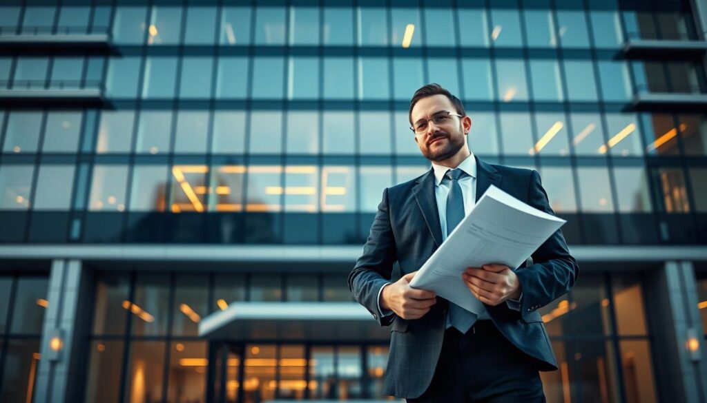 A professional architect standing in front of a large, modern office building. The architect is wearing a crisp, tailored suit and holding a set of blueprints, exuding confidence and expertise. The building in the background features clean lines, vast windows, and a sleek, minimalist design. Warm, directional lighting illuminates the scene, casting subtle shadows and emphasizing the architectural details. The overall atmosphere conveys a sense of sophistication, innovation, and the architect's crucial role in shaping the built environment.