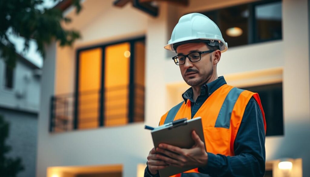 A professional engineer in a white hardhat and safety vest, standing in front of a residential building, examining its structure with a clipboard and tools. Soft, warm lighting illuminates the scene, creating a sense of focus and attention to detail. The engineer's expression conveys deep concentration as they carefully inspect the property, evaluating potential issues or areas for improvement. The background is slightly blurred, emphasizing the subject and their critical diagnostic role. This image captures the expertise and diligence of an "engenheiro diagnóstico" tasked with ensuring the safety and value of a property.