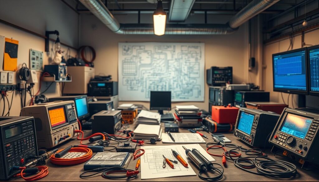A professional-grade diagnostic engineering workshop, bathed in warm overhead lighting. On the workbench, an array of precision tools, from multimeters and oscilloscopes to soldering irons and specialized test equipment. In the middle ground, technical manuals and circuit diagrams provide essential insights. The background depicts technical schematics and computer displays, conveying the analytical, problem-solving nature of this specialized field. The scene exudes a sense of focused expertise, with every detail carefully chosen to illuminate the essential equipment of diagnostic engineering.