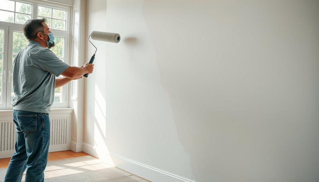 A professional-quality wall painting scene, showcasing an expert's technique. In the foreground, a skilled painter applies an even coat of high-quality paint with a large roller, creating a smooth, flawless finish. The middle ground features neatly trimmed edges and a carefully masked baseboard, demonstrating meticulous attention to detail. The background reveals a well-lit, spacious room with natural lighting streaming through large windows, creating a bright and airy atmosphere. The overall composition conveys a sense of precision, craftsmanship, and the pride of a job well done, embodying the essence of professional-grade wall painting. A professional-quality wall painting scene, showcasing an expert's technique. In the foreground, a skilled painter applies an even coat of high-quality paint with a large roller, creating a smooth, flawless finish. The middle ground features neatly trimmed edges and a carefully masked baseboard, demonstrating meticulous attention to detail. The background reveals a well-lit, spacious room with natural lighting streaming through large windows, creating a bright and airy atmosphere. The overall composition conveys a sense of precision, craftsmanship, and the pride of a job well done, embodying the essence of professional-grade wall painting.