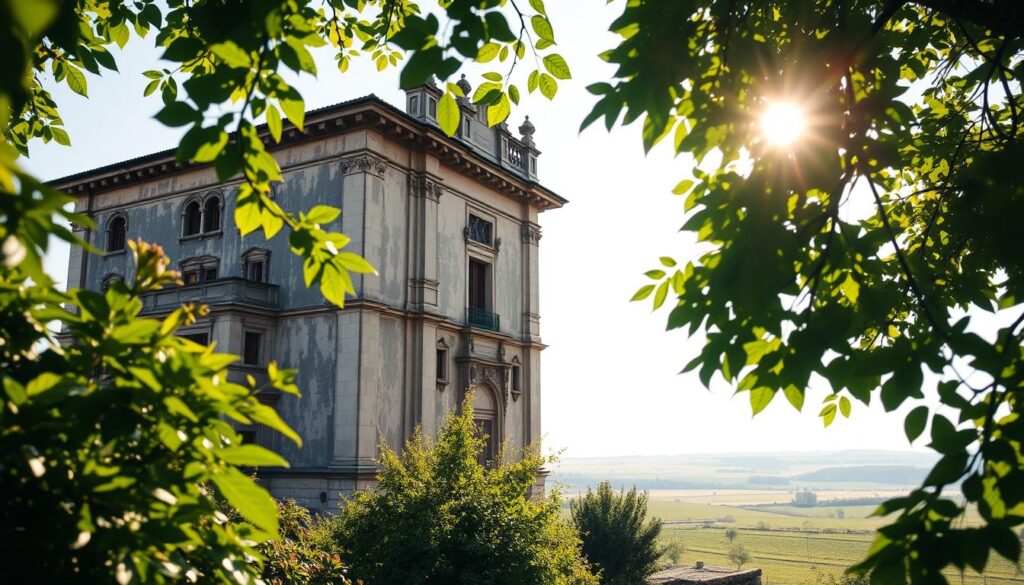 A serene, sun-dappled scene of a historic building, its weathered facade and ornate architectural details meticulously preserved, standing as a testament to the enduring legacy of sustainable preservation. In the foreground, lush greenery and vibrant foliage frame the structure, creating a harmonious blend of nature and human heritage. The warm, golden light filters through the leaves, casting a soft, inviting glow upon the scene. In the middle ground, the building's sturdy yet elegant silhouette is highlighted, showcasing its timeless design and the care taken to maintain its original character. The background features a tranquil, pastoral landscape, further emphasizing the integration of the historic structure within its natural surroundings. The overall atmosphere conveys a sense of reverence, balance, and the importance of preserving our architectural treasures for generations to come. A serene, sun-dappled scene of a historic building, its weathered facade and ornate architectural details meticulously preserved, standing as a testament to the enduring legacy of sustainable preservation. In the foreground, lush greenery and vibrant foliage frame the structure, creating a harmonious blend of nature and human heritage. The warm, golden light filters through the leaves, casting a soft, inviting glow upon the scene. In the middle ground, the building's sturdy yet elegant silhouette is highlighted, showcasing its timeless design and the care taken to maintain its original character. The background features a tranquil, pastoral landscape, further emphasizing the integration of the historic structure within its natural surroundings. The overall atmosphere conveys a sense of reverence, balance, and the importance of preserving our architectural treasures for generations to come.
