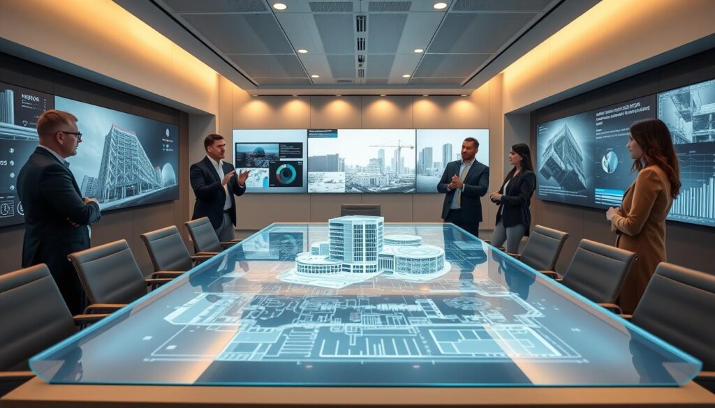 A sleek, modern office interior with a central conference table surrounded by ergonomic chairs. On the table, a holographic display projects a 3D model of an architectural blueprint, with fluid data visualizations and analytics overlays. The walls are adorned with screens showcasing real-time construction progress, BIM models, and IoT sensor data. Diffused lighting casts a warm glow, creating a productive and collaborative atmosphere. Engineers in business attire stand around the table, gesturing animatedly as they discuss strategies for optimizing the design and construction workflow powered by intelligent AI assistants. A sleek, modern office interior with a central conference table surrounded by ergonomic chairs. On the table, a holographic display projects a 3D model of an architectural blueprint, with fluid data visualizations and analytics overlays. The walls are adorned with screens showcasing real-time construction progress, BIM models, and IoT sensor data. Diffused lighting casts a warm glow, creating a productive and collaborative atmosphere. Engineers in business attire stand around the table, gesturing animatedly as they discuss strategies for optimizing the design and construction workflow powered by intelligent AI assistants.