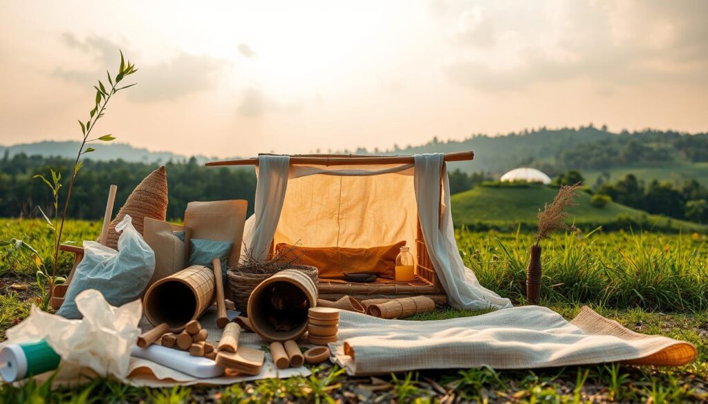 A small-scale sustainable project set against a natural backdrop. In the foreground, an assortment of eco-friendly materials like bamboo, recycled plastics, and organic fabrics are artfully arranged, showcasing their practical applications in a DIY project. The middle ground features a simple, minimalist structure made from these materials, illuminated by warm, diffused sunlight filtering through wispy clouds. In the distance, a lush, verdant landscape provides a serene, pastoral setting. The overall mood is one of harmony, creativity, and a thoughtful approach to responsible small-scale design.