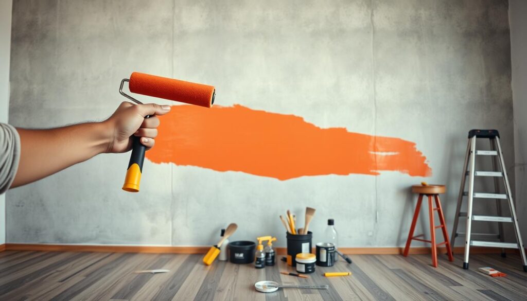 A spacious, well-lit interior studio with a smooth, textured concrete wall in the background. In the foreground, a skilled painter's hands hold a paint roller, meticulously applying a rich, vibrant paint in smooth, even strokes across the surface. The paint glistens under the soft, diffused lighting, creating a sense of depth and texture. In the middle ground, various painting tools and supplies are neatly arranged, including paint trays, brushes, and a ladder, suggesting a professional, organized approach to the task. The overall composition conveys a sense of expertise, precision, and attention to detail in the art of wall painting. A spacious, well-lit interior studio with a smooth, textured concrete wall in the background. In the foreground, a skilled painter's hands hold a paint roller, meticulously applying a rich, vibrant paint in smooth, even strokes across the surface. The paint glistens under the soft, diffused lighting, creating a sense of depth and texture. In the middle ground, various painting tools and supplies are neatly arranged, including paint trays, brushes, and a ladder, suggesting a professional, organized approach to the task. The overall composition conveys a sense of expertise, precision, and attention to detail in the art of wall painting.