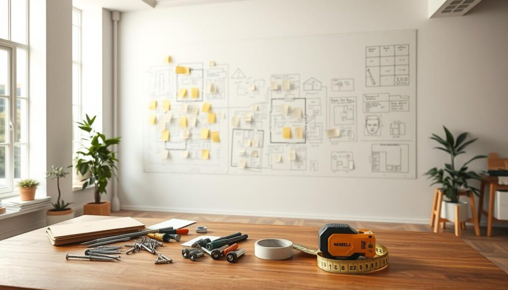 A spacious, well-lit office space with a focus on a planning wall made of drywall. The wall features a variety of adhesive notes, sketches, and diagrams, showcasing a meticulous planning process for a DIY drywall construction project. The foreground highlights various drywall tools and materials, including screws, tape, and a tape measure, neatly arranged on a wooden desk. The middle ground features the drywall planning wall, with a clean, minimalist aesthetic and a neutral color palette that emphasizes the organized nature of the project. The background depicts a bright, airy room with large windows that allow natural light to flood the space, creating a sense of productivity and inspiration.