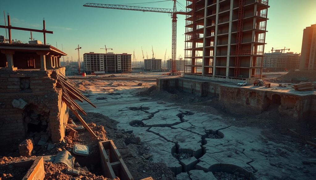 A sprawling construction site, plagued by crumbling foundations and sinking structures. In the foreground, a collapsed corner of a building, its steel reinforcements jutting out like skeletal limbs. The middle ground reveals cracks snaking through the concrete, exposing the fragility of the groundwork. In the background, a looming crane stands sentinel, a silent witness to the structural failures. The scene is bathed in a warm, golden light, casting long shadows that emphasize the depth of the problem. The atmosphere is one of concern and unease, underscoring the risks of cutting corners when it comes to the critical foundations of a construction project.