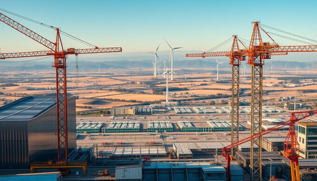 A sprawling industrial landscape, bathed in warm afternoon light. In the foreground, a state-of-the-art manufacturing facility, its sleek metal facade gleaming. Towering cranes hoist massive steel beams, while workers in safety gear move with practiced efficiency. In the middle ground, a sprawling campus of high-tech office buildings, their glass and steel frames reflecting the bustling activity. Beyond, a panorama of rolling hills dotted with wind turbines, a testament to the industry's embrace of sustainable energy solutions. The scene conveys a sense of progress, innovation, and the dynamic interplay between human ingenuity and technological advancement. A sprawling industrial landscape, bathed in warm afternoon light. In the foreground, a state-of-the-art manufacturing facility, its sleek metal facade gleaming. Towering cranes hoist massive steel beams, while workers in safety gear move with practiced efficiency. In the middle ground, a sprawling campus of high-tech office buildings, their glass and steel frames reflecting the bustling activity. Beyond, a panorama of rolling hills dotted with wind turbines, a testament to the industry's embrace of sustainable energy solutions. The scene conveys a sense of progress, innovation, and the dynamic interplay between human ingenuity and technological advancement.