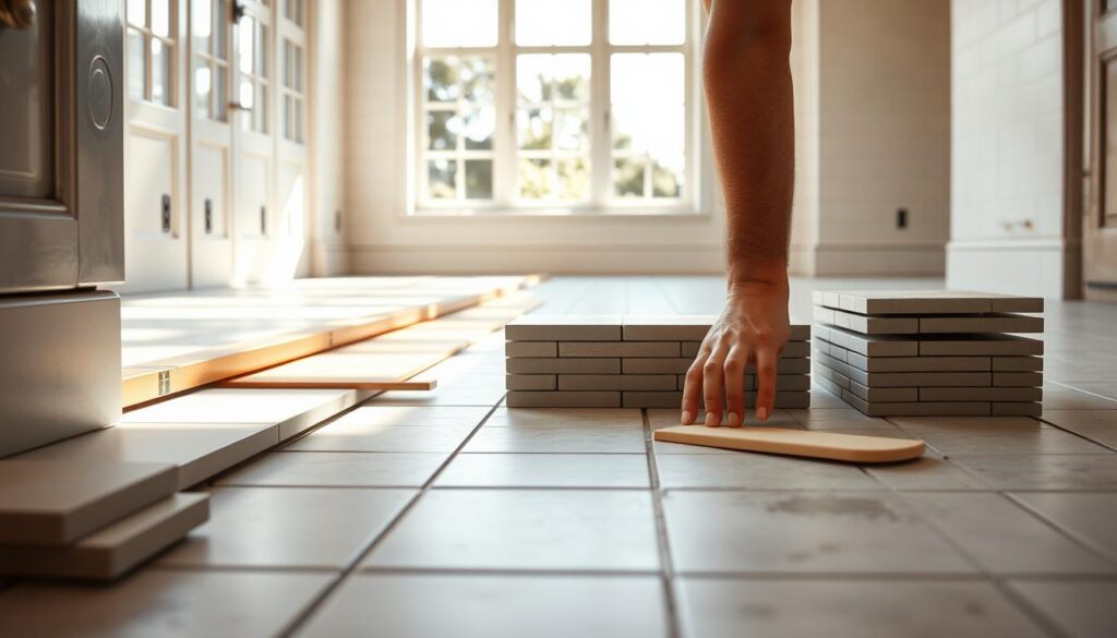 A step-by-step process of tiling a kitchen or bathroom, showcased in a realistic and instructional manner. The scene depicts a well-lit room with natural lighting filtering through large windows, casting soft shadows and highlights on the tiles being installed. In the foreground, a pair of hands carefully aligning and pressing down ceramic tiles, with tools such as a trowel, level, and grout float visible. The middle ground features a partially tiled floor, with the remaining tiles stacked neatly nearby. The background shows the untiled portion of the room, providing context and highlighting the project's progress. The overall composition conveys a sense of order, skill, and the satisfaction of a DIY home improvement task well executed.