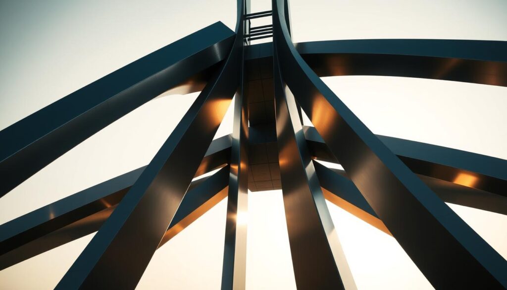 A striking metallic structure stands tall, its sleek lines and angular forms casting dramatic shadows in the soft, warm light. The composition features a central tower or pylon, flanked by graceful arched supports and intersecting beams that create a sense of dynamic motion and structural ingenuity. The metallic surfaces gleam with a polished, reflective quality, hinting at the advanced manufacturing techniques and materials used in its construction. The overall scene conveys a feeling of modern, innovative design, blending functionality and aesthetic elegance in a captivating visual representation of the latest trends in metal architectural structures.