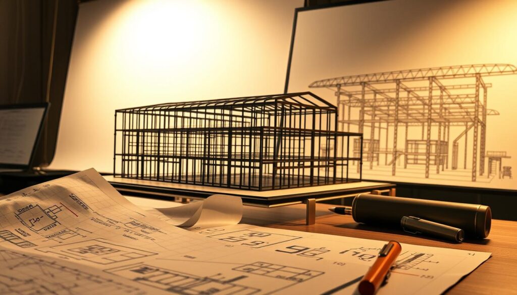 A structural engineering diagram depicting the key stages of a comprehensive structural design process. In the foreground, intricate technical calculations and sketches sprawl across an engineer's desk, conveying the meticulous nature of the work. The middle ground showcases an architectural wireframe model of a building, highlighting the integration of structural analysis into the design. In the background, a technical drawing of a steel frame structure stands as a testament to the final product. The scene is bathed in a warm, focused lighting, creating a contemplative atmosphere suitable for an in-depth technical guide.