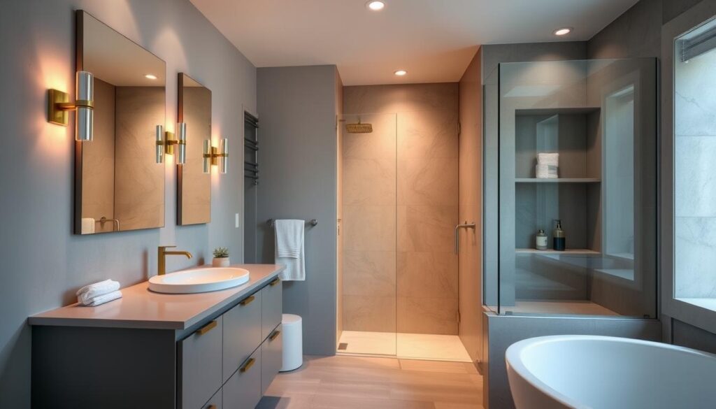 A stylish and modern bathroom interior with personalized touches. The foreground features a sleek vanity unit with a single-basin sink, a large mirror, and minimalist brass fittings. Soft, warm lighting emanates from wall sconces and a recessed ceiling fixture, creating a cozy, relaxing atmosphere. The middle ground showcases a spacious walk-in shower with a frameless glass enclosure, complemented by a recessed shelf for storing bath essentials. The background reveals a neutral-toned tile floor and walls, providing a clean, uncluttered backdrop that allows the personalized elements to shine. Overall, the scene conveys the benefits of a customized bathroom design that combines functionality, style, and a sense of tranquility. A stylish and modern bathroom interior with personalized touches. The foreground features a sleek vanity unit with a single-basin sink, a large mirror, and minimalist brass fittings. Soft, warm lighting emanates from wall sconces and a recessed ceiling fixture, creating a cozy, relaxing atmosphere. The middle ground showcases a spacious walk-in shower with a frameless glass enclosure, complemented by a recessed shelf for storing bath essentials. The background reveals a neutral-toned tile floor and walls, providing a clean, uncluttered backdrop that allows the personalized elements to shine. Overall, the scene conveys the benefits of a customized bathroom design that combines functionality, style, and a sense of tranquility.