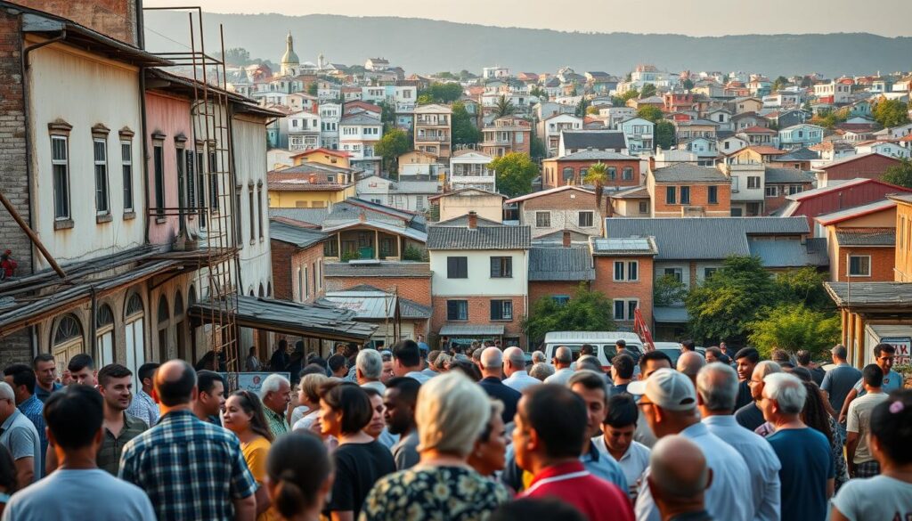 A vibrant community hub, its aging buildings undergoing a transformative renovation. In the foreground, residents gather, engaged in lively discussion, their faces illuminated by the warm glow of the afternoon sun. The middle ground showcases the renovation process, with skilled workers meticulously restoring the historic architecture, preserving its timeless charm. In the background, a tapestry of diverse homes and businesses, each bearing the marks of the community's evolving character. The atmosphere is one of unity, progress, and a shared sense of purpose - a testament to the positive social impacts of the ongoing reform. A vibrant community hub, its aging buildings undergoing a transformative renovation. In the foreground, residents gather, engaged in lively discussion, their faces illuminated by the warm glow of the afternoon sun. The middle ground showcases the renovation process, with skilled workers meticulously restoring the historic architecture, preserving its timeless charm. In the background, a tapestry of diverse homes and businesses, each bearing the marks of the community's evolving character. The atmosphere is one of unity, progress, and a shared sense of purpose - a testament to the positive social impacts of the ongoing reform.