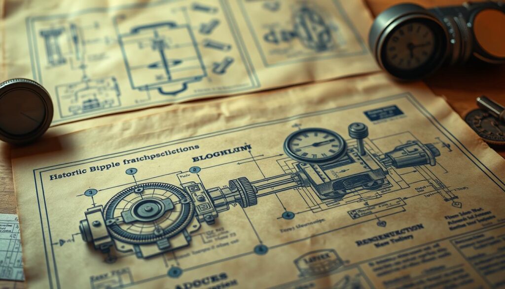 A vintage blueprint diagram of historical diagnostic engineering equipment, captured with an antique camera lens. The foreground features a detailed schematic of an early 20th century diagnostic device, its intricate mechanical components and gauges rendered with technical precision. In the middle ground, a set of engineering diagrams and hand-drawn sketches provide additional context, while the background depicts a worn, distressed surface reminiscent of aged parchment, conveying a sense of historical significance. Soft, warm lighting casts subtle shadows, lending depth and a sense of timelessness to the scene.