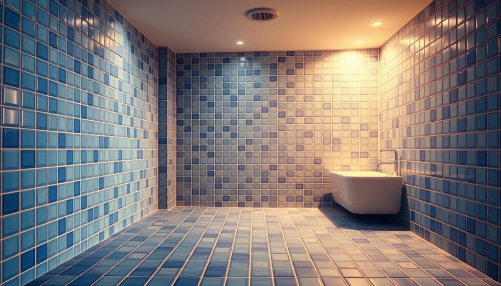 A well-lit and spacious bathroom interior with a tiled floor and walls in various shades of blue. The tiles are arranged in a clean, geometric pattern, with the grout lines creating a crisp, uniform grid. The space is free of any clutter, allowing the focus to be solely on the preparation of the surface for tile installation. Warm, diffused lighting from overhead fixtures casts a soft glow, creating a sense of calm and tranquility. The room's overall atmosphere is one of order, cleanliness, and a readiness to begin the tiling process.