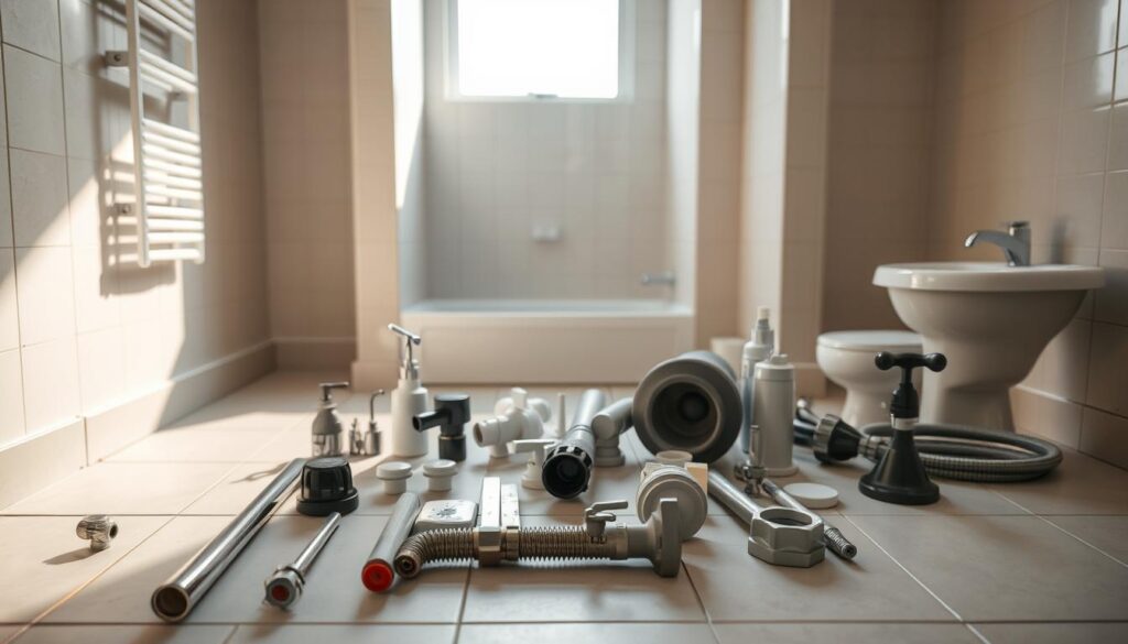 A well-lit bathroom interior with a focus on the preparation stage before installation. The foreground depicts various plumbing tools, fixtures, and materials laid out on a clean, tiled surface, conveying a sense of organization and readiness. The middle ground showcases the empty bathroom space, with clean walls and a visible floor plan, hinting at the upcoming installation process. The background features natural lighting filtering through a window, creating a warm, inviting atmosphere and setting the stage for a successful DIY bathroom project. A well-lit bathroom interior with a focus on the preparation stage before installation. The foreground depicts various plumbing tools, fixtures, and materials laid out on a clean, tiled surface, conveying a sense of organization and readiness. The middle ground showcases the empty bathroom space, with clean walls and a visible floor plan, hinting at the upcoming installation process. The background features natural lighting filtering through a window, creating a warm, inviting atmosphere and setting the stage for a successful DIY bathroom project.