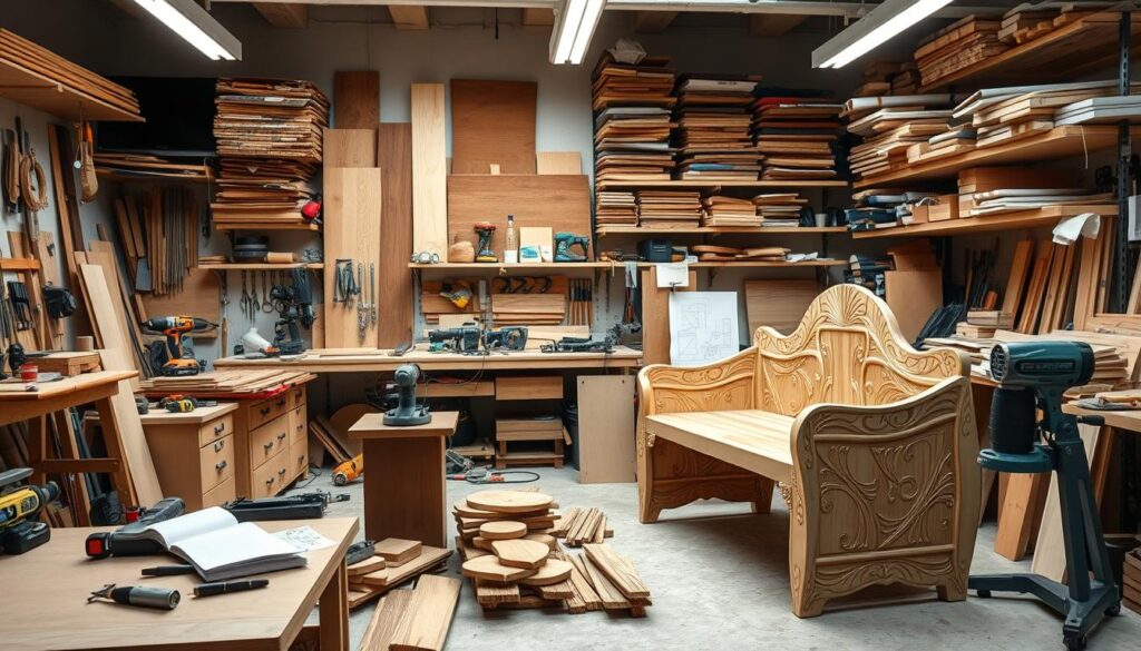 A well-lit, contemporary workshop filled with the tools and materials of a skilled DIY carpenter. In the foreground, an intricate woodworking project takes shape, showcasing the creative expressiveness of handcrafted furniture. The middle ground features a range of power tools, hand-carved wooden pieces, and a set of inspirational design sketches. The background is adorned with shelves of neatly organized materials, from stained hardwood planks to an assortment of hardware and finishing supplies. The entire scene radiates a sense of focused productivity and the joy of personal craftsmanship.