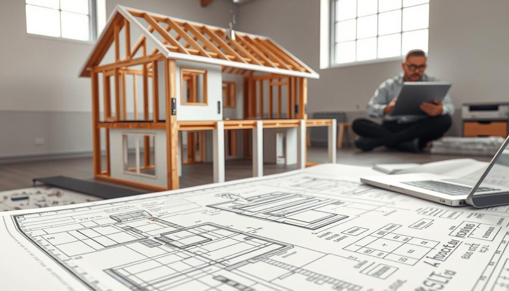 A well-lit, detailed 3D rendering of a structural renovation plan, showcasing a 2-story residential home. The foreground features an architectural blueprint with technical diagrams, measurements, and structural reinforcement specifications. The middle ground depicts a partially demolished interior, exposing the home's frame and foundational elements. In the background, an engineer or architect consults digital schematics on a laptop, considering plans for the structural upgrade. The scene conveys a sense of careful planning, analysis, and preparation for a comprehensive home renovation project. A well-lit, detailed 3D rendering of a structural renovation plan, showcasing a 2-story residential home. The foreground features an architectural blueprint with technical diagrams, measurements, and structural reinforcement specifications. The middle ground depicts a partially demolished interior, exposing the home's frame and foundational elements. In the background, an engineer or architect consults digital schematics on a laptop, considering plans for the structural upgrade. The scene conveys a sense of careful planning, analysis, and preparation for a comprehensive home renovation project.