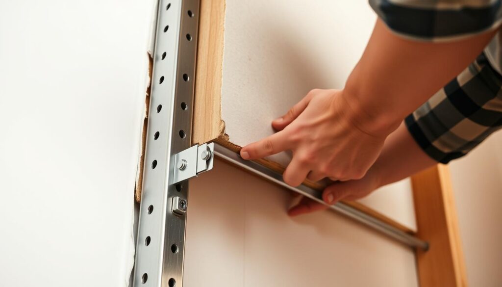 A well-lit, detailed close-up shot of a person's hands carefully aligning and securing drywall panels to a sturdy metal frame, showcasing the precise techniques and tools used in the drywall installation process. The image captures the focus and attention to detail required, with a clean, minimalist background to emphasize the craftsmanship. Warm, natural lighting highlights the textures of the materials, creating a sense of depth and perspective. The overall composition conveys the step-by-step, DIY nature of the drywall construction, providing a visually engaging illustration for the article's corresponding section.