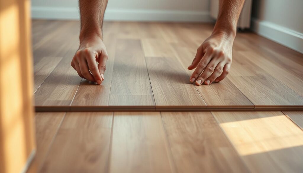 A well-lit, high-angle shot of a step-by-step installation process for a laminate floor. The foreground depicts a person's hands carefully aligning and clicking together the interlocking laminate planks, showcasing the precise techniques involved. The mid-ground shows the partially installed floor, with the planks forming a neat, uniform pattern. The background offers a clean, minimalist setting, allowing the focus to remain on the installation process. Soft, natural lighting casts a warm, inviting glow, highlighting the texture and finish of the laminate. The overall atmosphere conveys a sense of order, craftsmanship, and attention to detail, reflecting the guided, step-by-step nature of the installation.