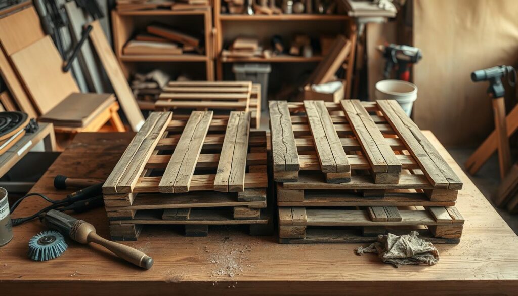 A well-lit, high-angle view of a wooden workbench in a carpentry workshop. On the workbench, several wooden pallets are carefully arranged, with various cleaning tools and supplies nearby, including wire brushes, sandpaper, and cleaning rags. The pallets are in various states of disrepair, with some appearing weathered and others more pristine. The lighting is soft and natural, creating a warm, inviting atmosphere that emphasizes the textures and details of the wood. The background is slightly blurred, but hints at the organized chaos of a productive workshop, with shelves, tools, and other equipment visible in the periphery. A well-lit, high-angle view of a wooden workbench in a carpentry workshop. On the workbench, several wooden pallets are carefully arranged, with various cleaning tools and supplies nearby, including wire brushes, sandpaper, and cleaning rags. The pallets are in various states of disrepair, with some appearing weathered and others more pristine. The lighting is soft and natural, creating a warm, inviting atmosphere that emphasizes the textures and details of the wood. The background is slightly blurred, but hints at the organized chaos of a productive workshop, with shelves, tools, and other equipment visible in the periphery.