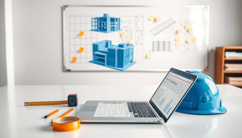 A well-lit, high-quality photograph of an assortment of construction tools and project management software on a clean, minimalist workbench. In the foreground, an open laptop displays Gantt charts and project timelines. Nearby, a tape measure, a pencil, and a hardhat sit neatly arranged. In the middle ground, a CAD model of a building plan hovers above the desk, rendered in shades of blue. In the background, a wall-mounted whiteboard displays sticky notes and sketches, hinting at the collaborative nature of project compatibility. The overall scene conveys a sense of organization, efficiency, and a dedication to harmonizing complex design elements.
