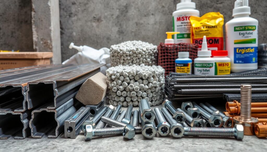 A well-lit, high-resolution image showcasing a variety of materials for structural reinforcement. In the foreground, sturdy steel I-beams, metal brackets, and high-tensile bolts are neatly arranged. In the middle ground, different grades of concrete and cement mix, along with reinforcing rods and mesh. In the background, a selection of epoxy resins, sealants, and adhesives used to bond and secure the reinforcement components. The image conveys a sense of reliability, durability, and the technical expertise required for an efficient structural reinforcement project. Captured with a wide-angle lens, the composition emphasizes the comprehensive range of materials necessary for a successful reinforcement undertaking. A well-lit, high-resolution image showcasing a variety of materials for structural reinforcement. In the foreground, sturdy steel I-beams, metal brackets, and high-tensile bolts are neatly arranged. In the middle ground, different grades of concrete and cement mix, along with reinforcing rods and mesh. In the background, a selection of epoxy resins, sealants, and adhesives used to bond and secure the reinforcement components. The image conveys a sense of reliability, durability, and the technical expertise required for an efficient structural reinforcement project. Captured with a wide-angle lens, the composition emphasizes the comprehensive range of materials necessary for a successful reinforcement undertaking.