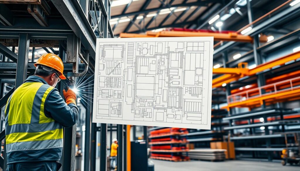 A well-lit industrial setting featuring a sturdy metal structure with various safety elements. In the foreground, workers in high-visibility gear inspect weld joints and structural connections, ensuring compliance with industry standards. The middle ground showcases a detailed blueprint or technical diagram overlaid on the scene, providing a visual reference for the construction process. In the background, a modern factory or workshop environment with racks of steel beams and other building materials, conveying a sense of precision and adherence to safety protocols in the construction of metal structures.