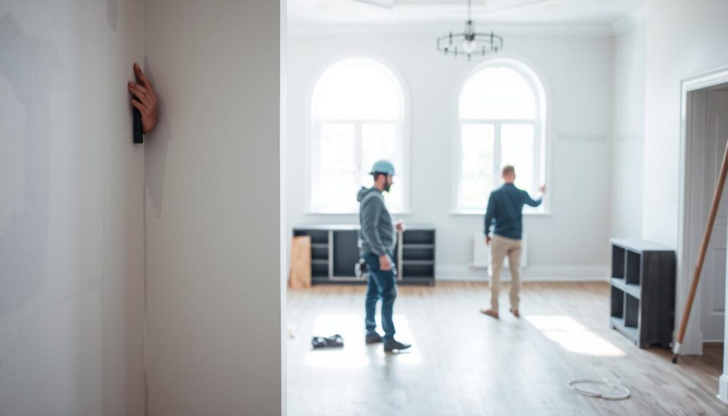 A well-lit interior scene of a residential property undergoing a thorough inspection. In the foreground, a construction worker carefully examines the structural integrity of a wall, gently tapping the surface with a tool. In the middle ground, another worker diligently inspects the quality of the paint finish, meticulously running their fingers along the freshly painted walls. The background showcases the overall layout of the room, with natural sunlight streaming in through large windows, illuminating the space. The scene conveys a sense of professionalism and attention to detail as the property is evaluated for its physical condition and readiness for the next stage of the purchasing process.