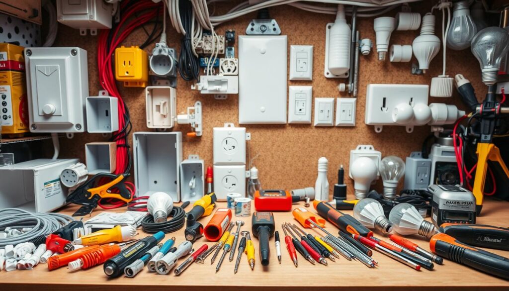 A well-lit, neatly organized workbench displaying an assortment of electrical installation materials and tools. In the foreground, a variety of wire connectors, cable strippers, screwdrivers, and a voltage tester. The middle ground showcases electrical boxes, junction boxes, and conduit fittings. In the background, power outlets, light switches, and a selection of LED light bulbs create a cohesive scene of the essential components needed for a home electrical installation project. The overall mood is one of professional competence, with a focus on the specifics required to complete the task at hand.
