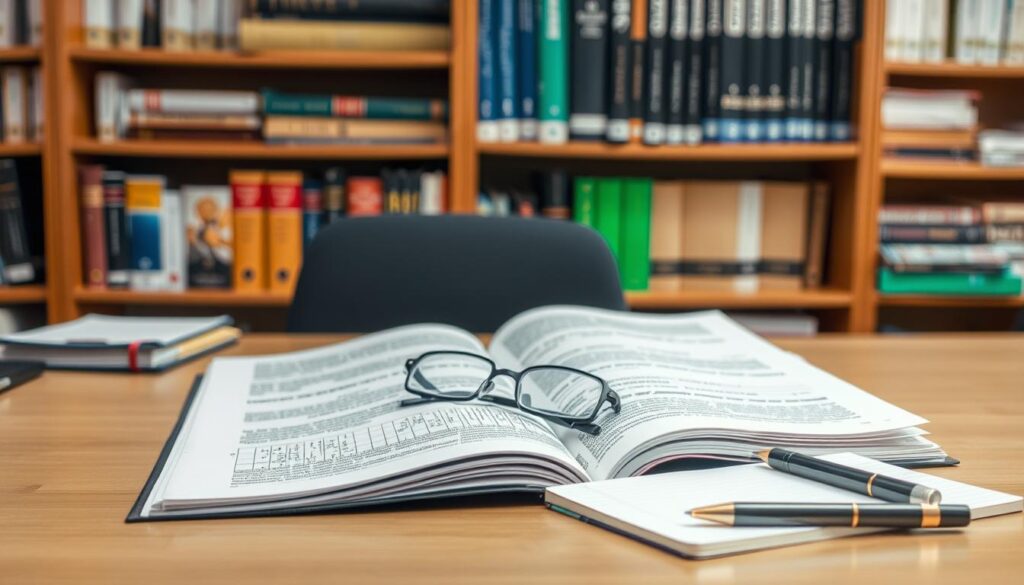 A well-lit office desk with an open technical manual, a pair of reading glasses, and a notebook with a pen nearby. In the background, a bookshelf filled with engineering and construction-related books. The scene conveys a sense of focused study and careful analysis, suitable for illustrating "Dicas Práticas para uma Leitura Técnica Eficiente".