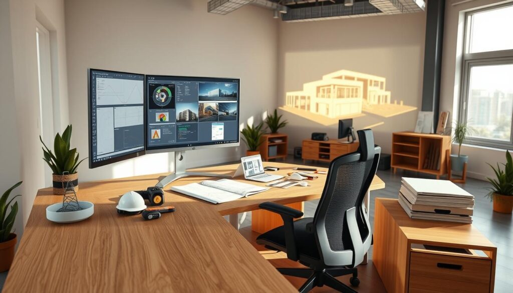 A well-lit office setting with a wooden desk and ergonomic chair, a large monitor displaying various software interfaces, and an array of construction tools and blueprints neatly organized on the desk. The room has a modern, minimalist design with neutral tones and abundant natural light filtering through large windows. A 3D model of a building or construction site is projected on the wall, casting a warm glow over the scene. The atmosphere is one of focused productivity and efficient project management.
