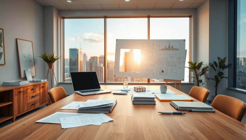 A well-lit professional office setting with a large wooden desk in the foreground. On the desk, an open laptop, a stack of papers, and various office supplies. In the middle ground, a whiteboard filled with sketches, diagrams, and notes related to construction project management. In the background, a panoramic view of a modern city skyline through a large window, bathed in warm, golden light. The overall atmosphere conveys a sense of organized productivity, expertise, and attention to detail - reflecting the criteria and qualifications required for construction project management roles.